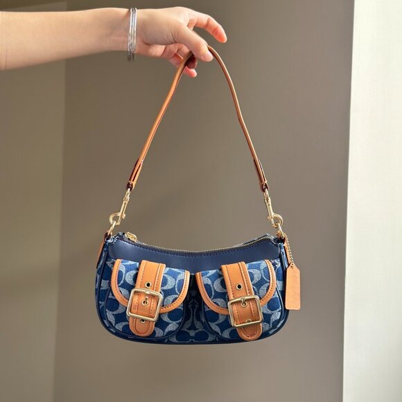 COACH Ashton Baguette Bag In Signature Canvas Denim/Brown CY700 - Picture 7 of 9